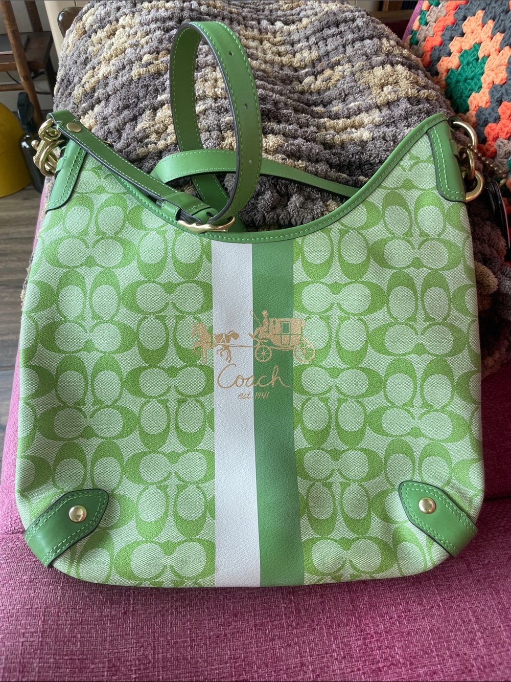 Coach Light Green Signature Stripe Hobo with White Center Stripe
